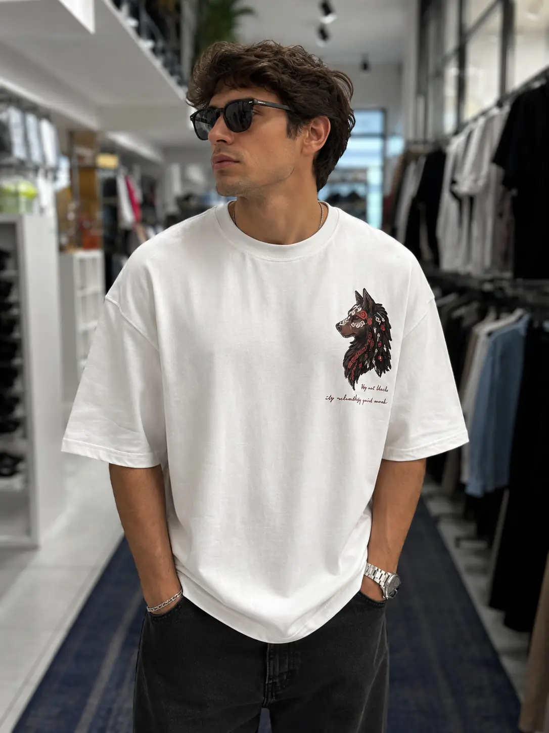Wolf Desenli Oversize Kesim Özel Tasarım Erkek Tişört - Beyaz - Görsel 3