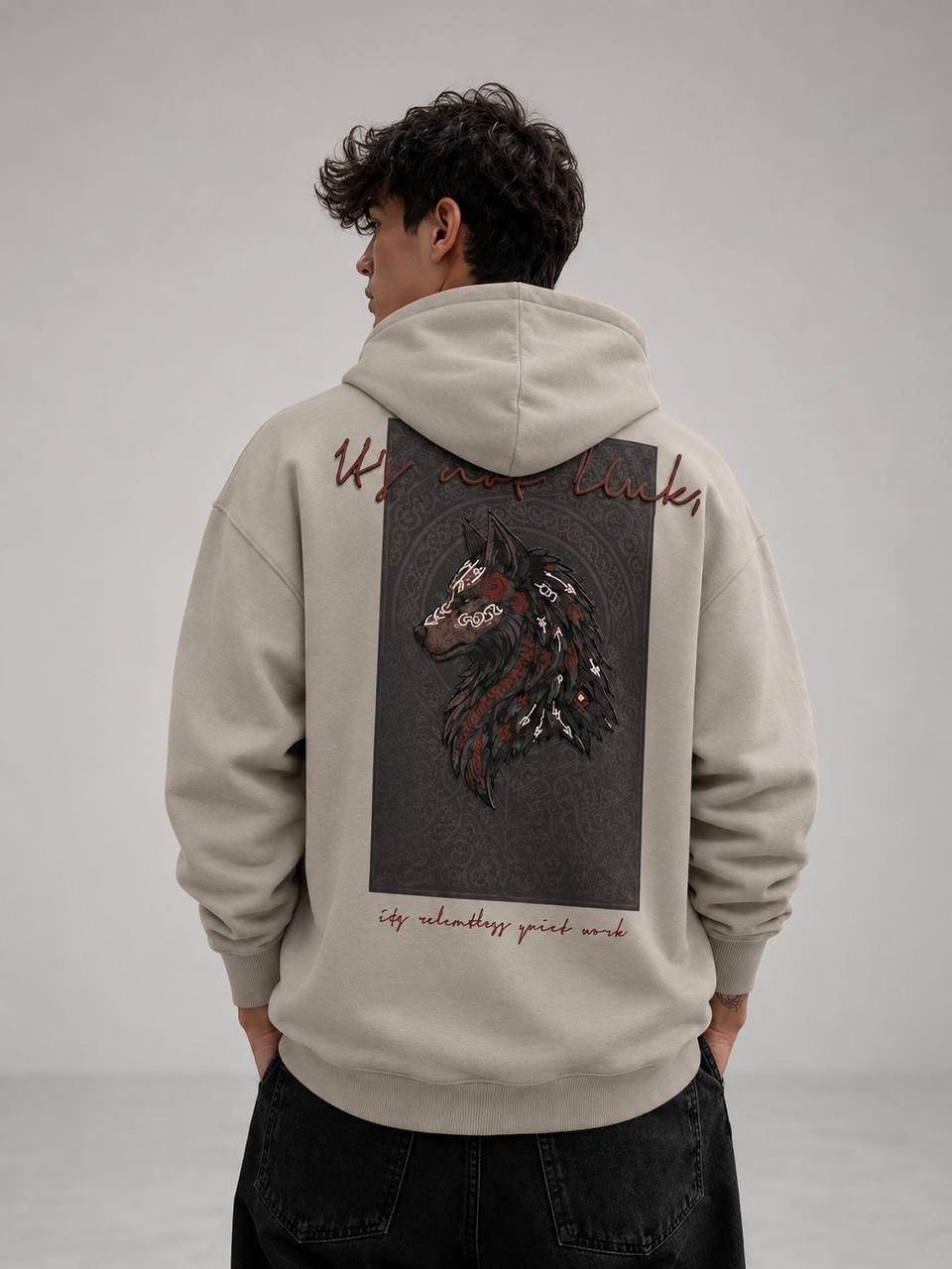 Wolf Desenli Oversize Kesim Özel Tasarım Unisex Hoodie - Krem