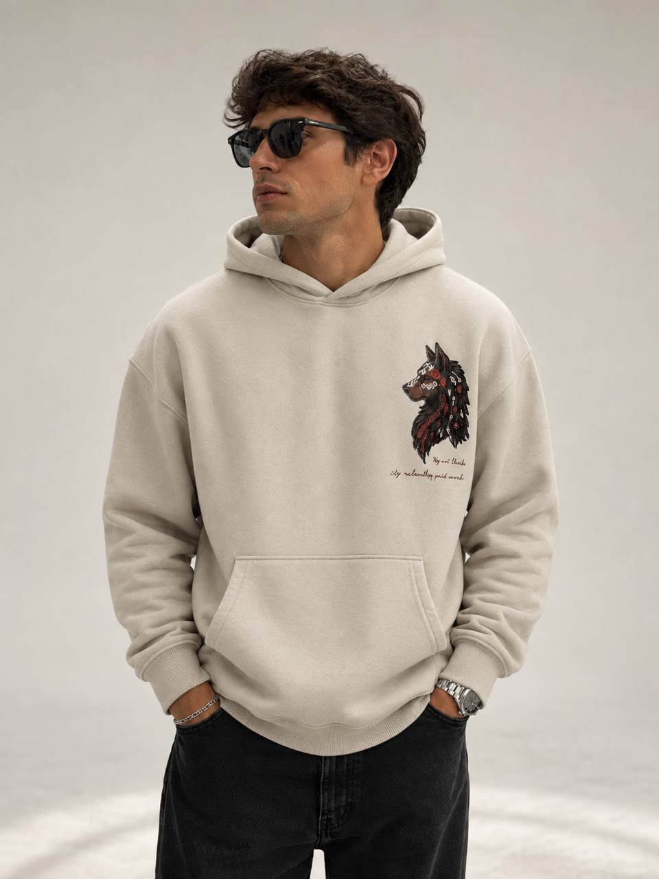 Wolf Desenli Oversize Kesim Özel Tasarım Unisex Hoodie - Krem - Görsel 2