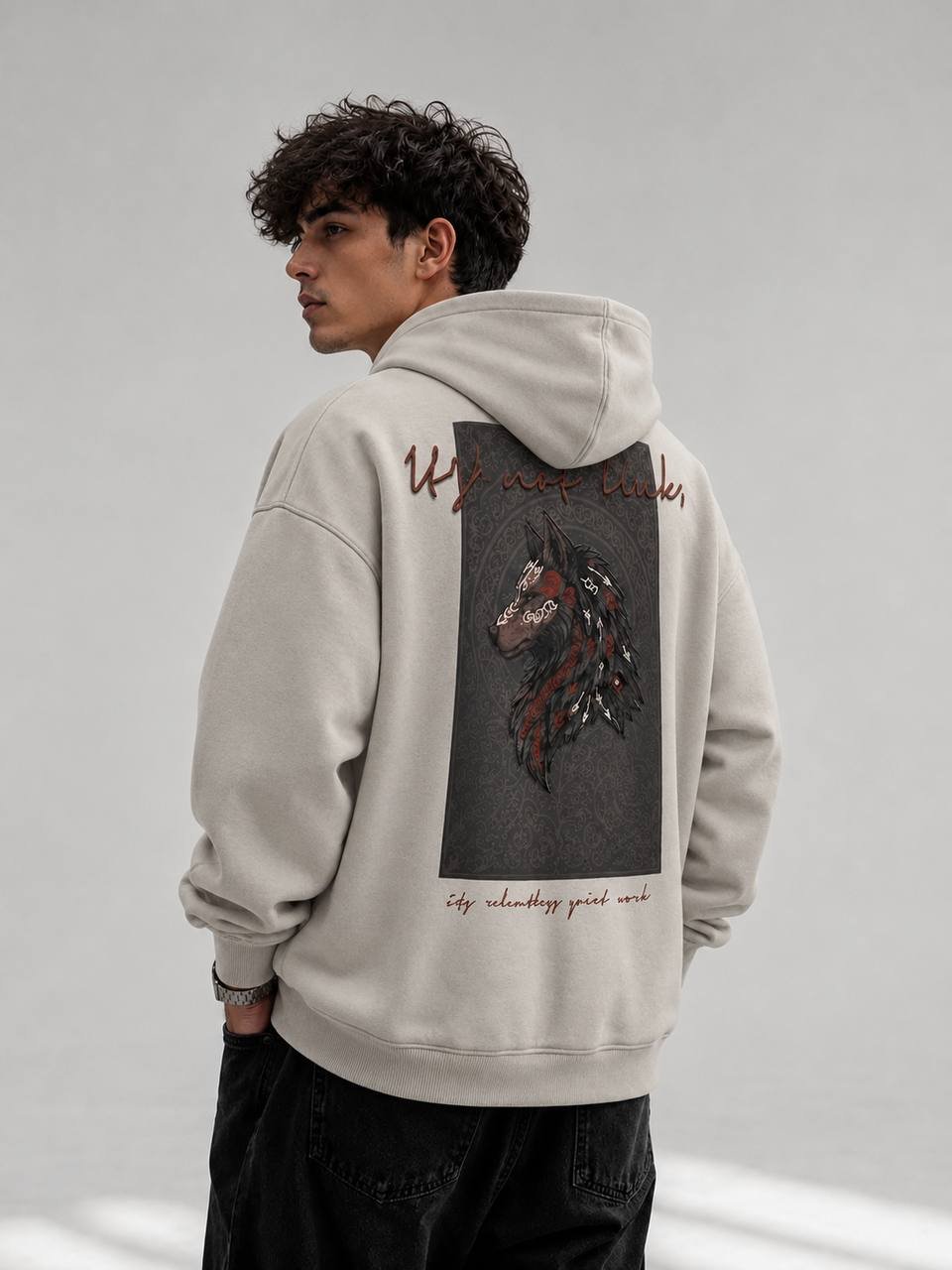 Wolf Desenli Oversize Kesim Özel Tasarım Unisex Hoodie - Krem - Görsel 3